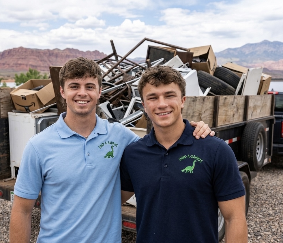 Junk-A-Saurus team in front of a trailer loaded with junk